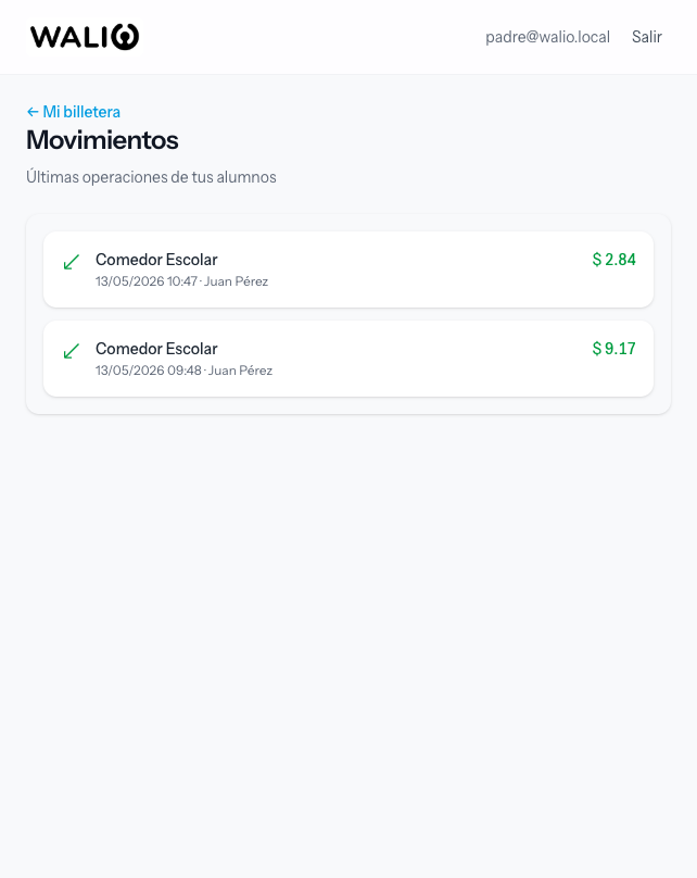 Movimientos de la billetera WALIO